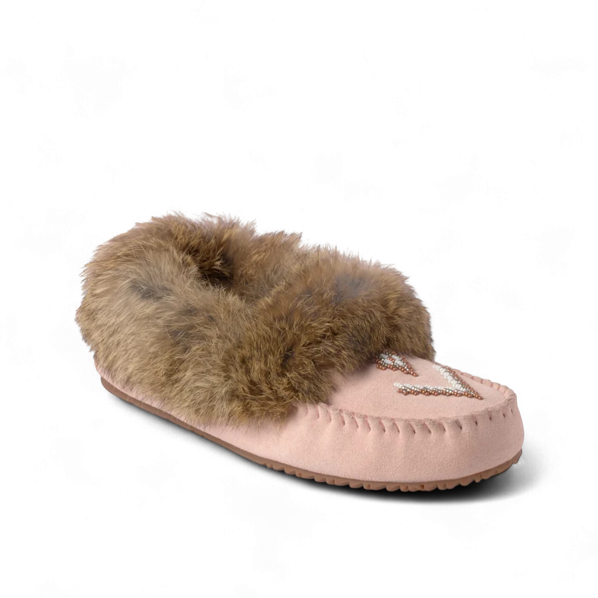 Manitobah Street suede moccasin in rose with a fur ankle cuff and intricate beaded vamp design.