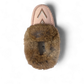 Manitobah rose suede moccasin with a beaded vamp and fluffy fur ankle cuff, top view.