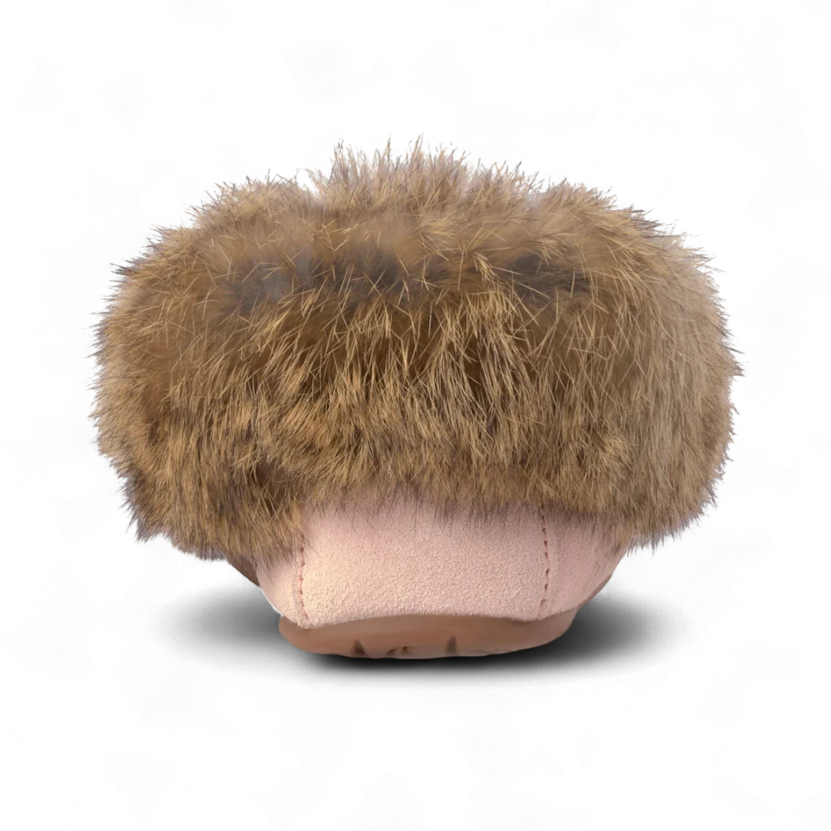 Manitobah Street moccasin in rose suede with a thick brown fur ankle cuff and durable turtle sole