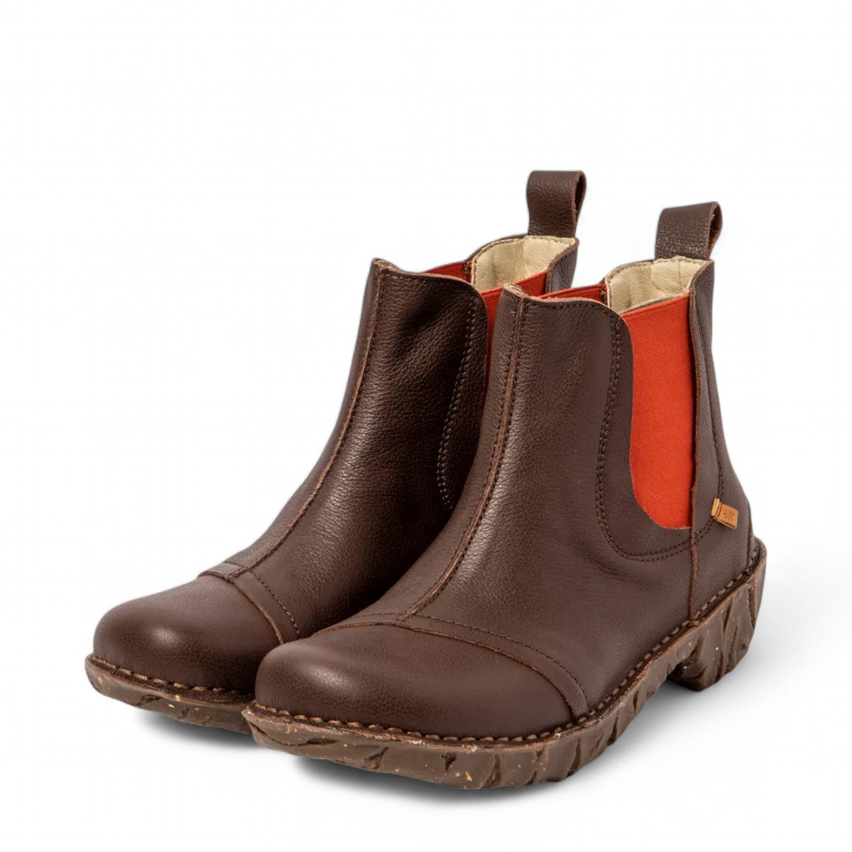 N158 Natural Grain Yggdrasil brown calf leather ankle boots with orange elastic side panels and recycled rubber block sole. Photo of front view at a angle.