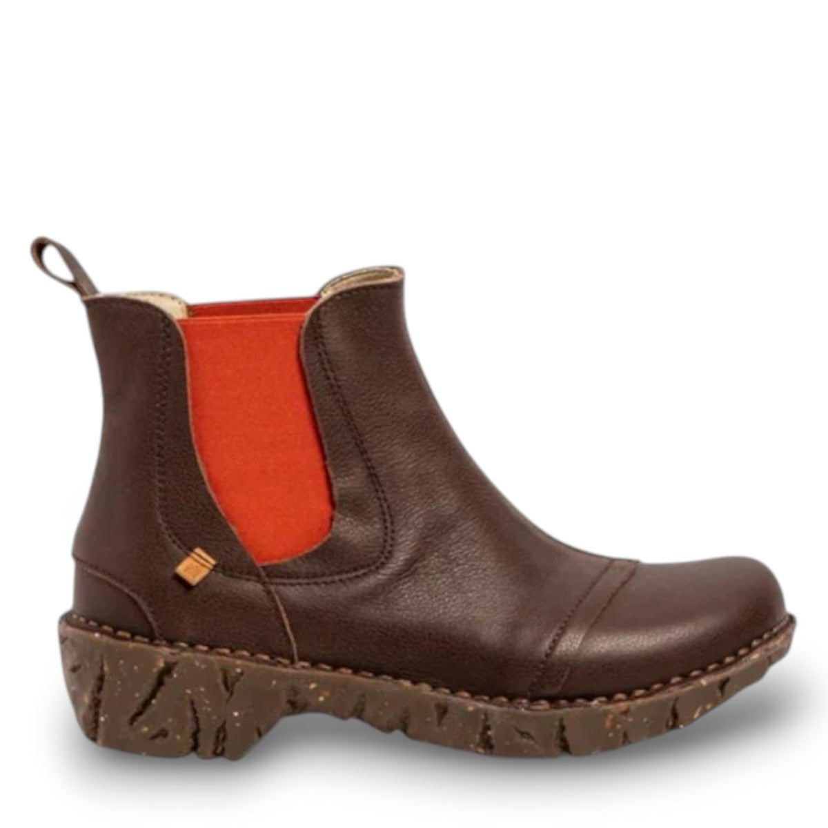 N158 Natural Grain Yggdrasil brown calf leather ankle boots with orange elastic side panels and recycled rubber block sole. Photo of outside side view.