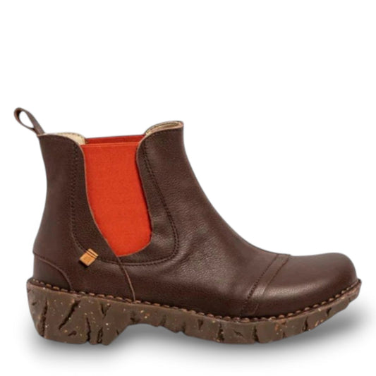 N158 Natural Grain Yggdrasil brown calf leather ankle boots with orange elastic side panels and recycled rubber block sole. Photo of outside side view.