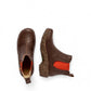 N158 Natural Grain Yggdrasil brown calf leather ankle boots with orange elastic side panels and recycled rubber block sole. Photo of upper view.