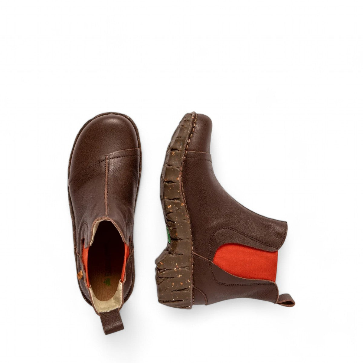 N158 Natural Grain Yggdrasil brown calf leather ankle boots with orange elastic side panels and recycled rubber block sole. Photo of upper view.