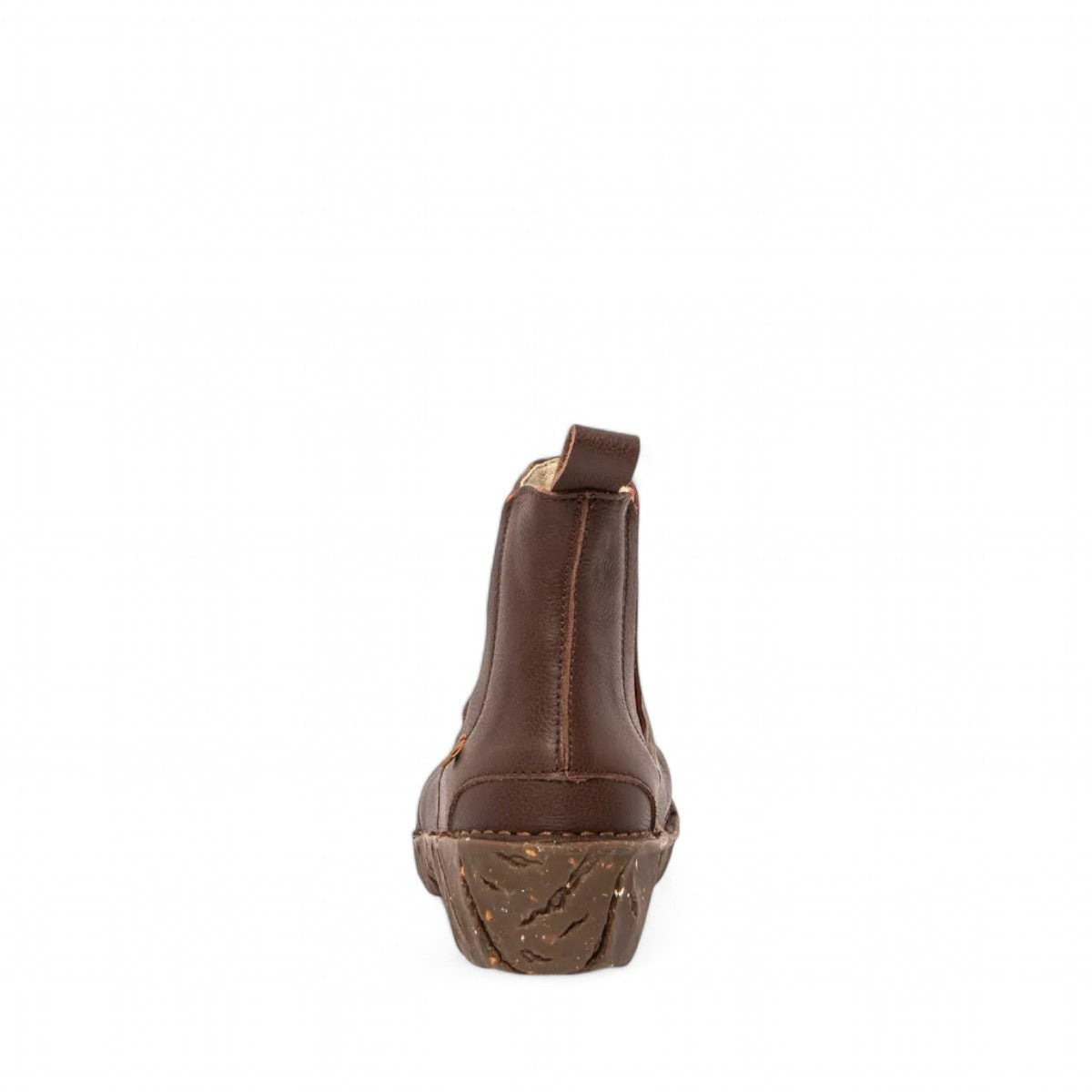 N158 Natural Grain Yggdrasil brown calf leather ankle boots with orange elastic side panels and recycled rubber block sole. Photo of back view.