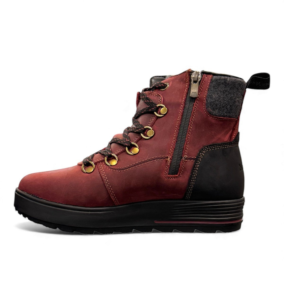 NEXGRIP Ice Jess burgundy leather winter boot with retractable cleat and waterproof zipper.
photo of the left side