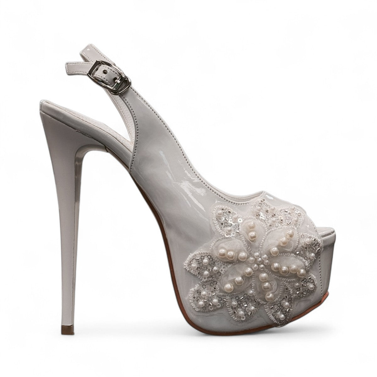 NIKPA ALEX white patent leather slingback platform heel with pearl and sequin floral embellishment