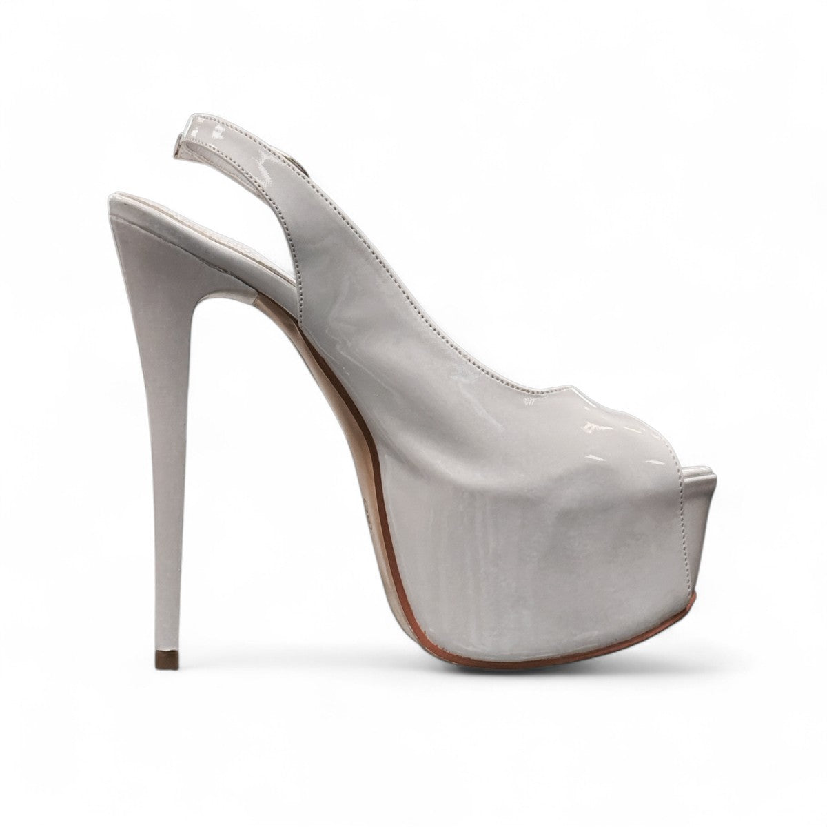NIKPA ALEX white patent leather slingback platform heel with pearl and sequin floral embellishment