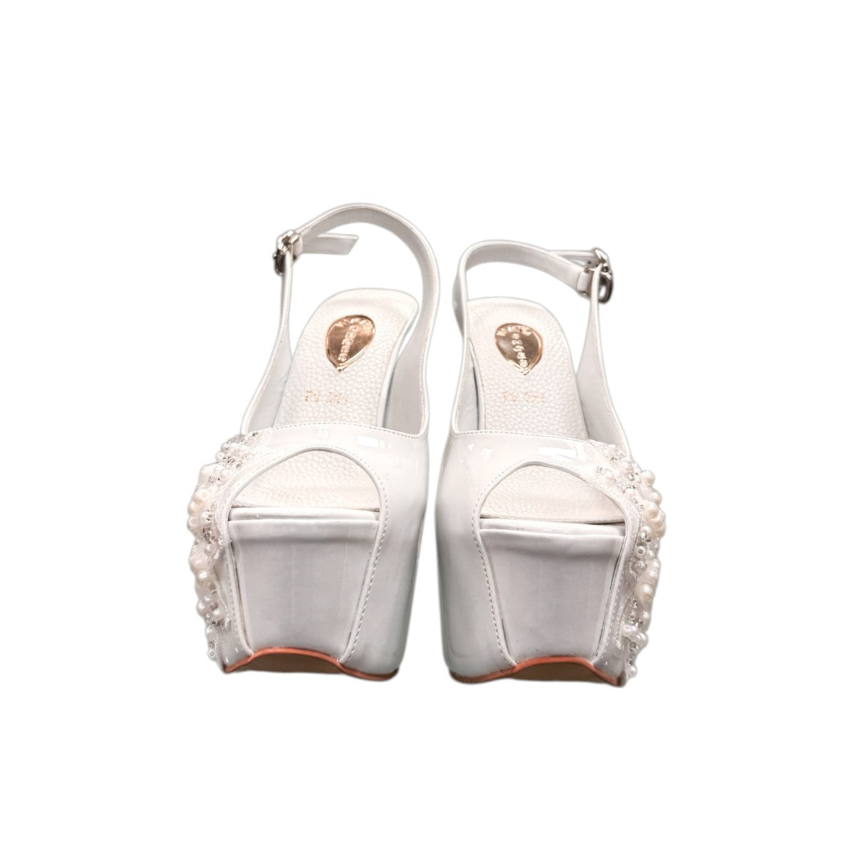 NIKPA ALEX white patent leather slingback platform heel with pearl and sequin floral embellishment