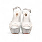 NIKPA ALEX white patent leather slingback platform heel with pearl and sequin floral embellishment