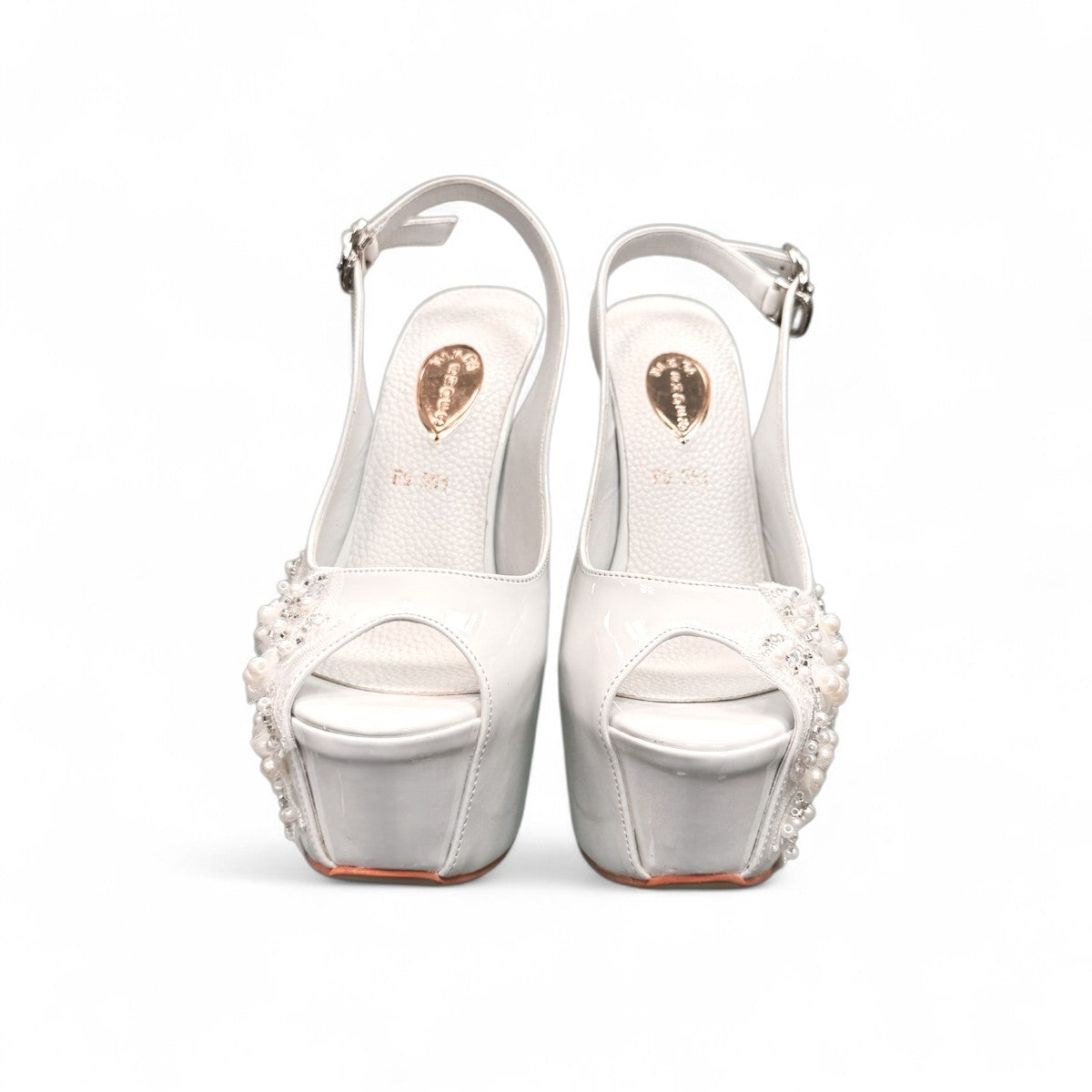 NIKPA ALEX white patent leather slingback platform heel with pearl and sequin floral embellishment