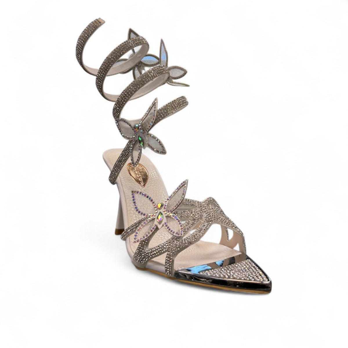 NIKPA ASHLEY white and silver stiletto sandal with rhinestone butterfly accents and spiral ankle strap