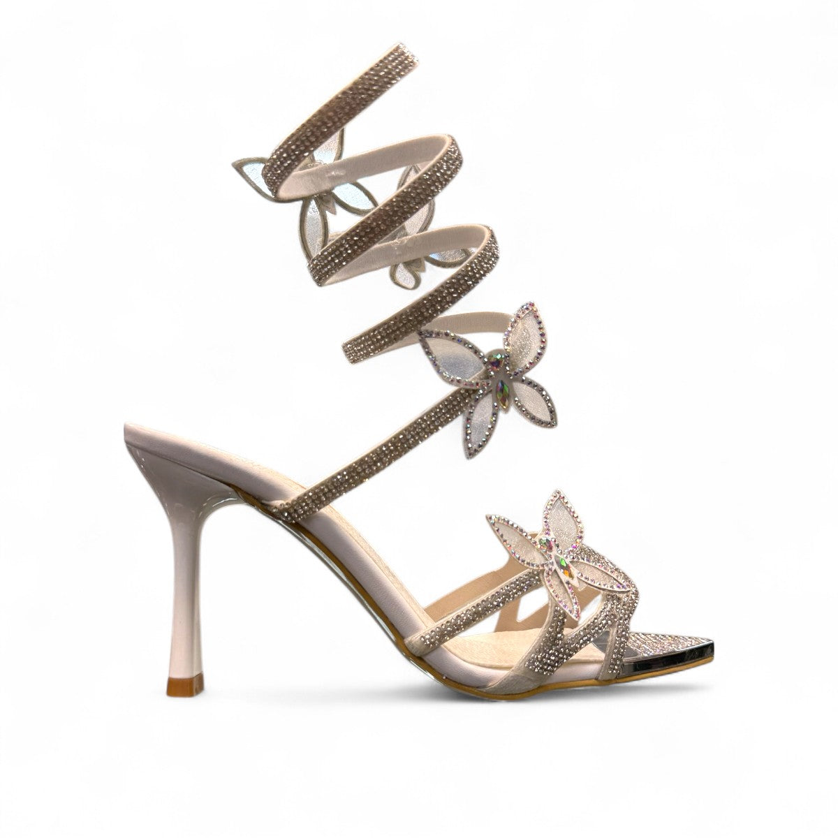 NIKPA ASHLEY white and silver stiletto sandal with rhinestone butterfly accents and spiral ankle strap