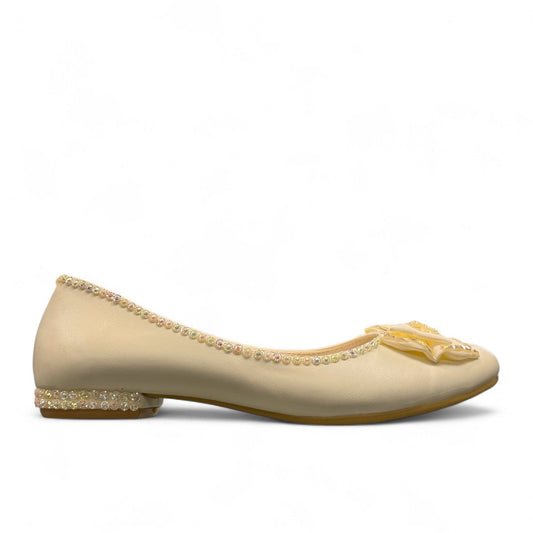 NIKPA GOLNAR cream bridal flat shoes with decorative beaded trim and bow detail on a low heel