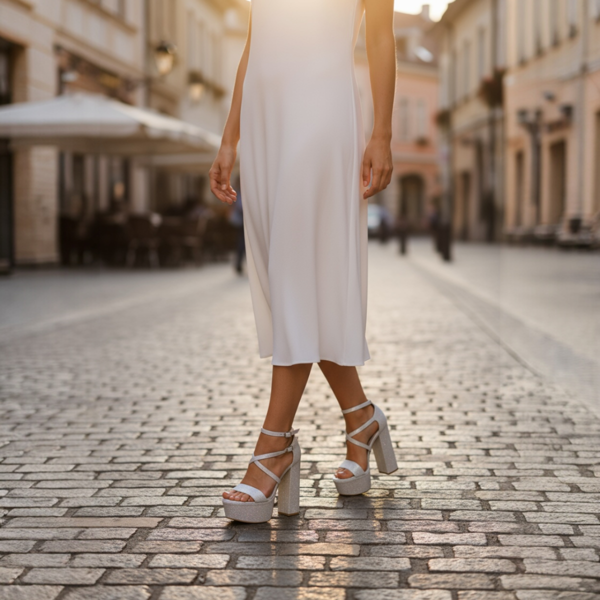 NIKPA LENA white glitter platform high heel sandal with ankle strap