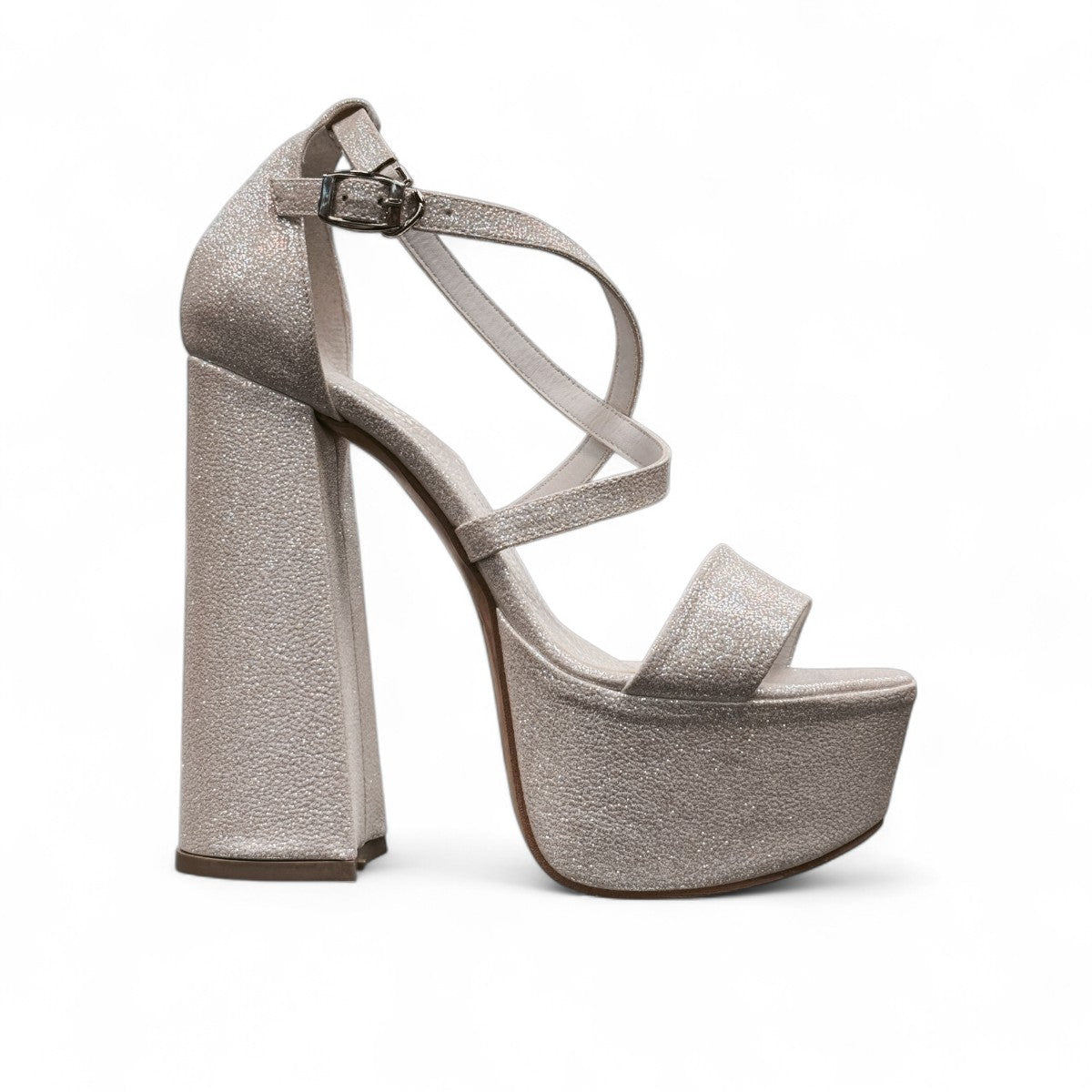 NIKPA LENA white glitter platform high heel sandal with ankle strap