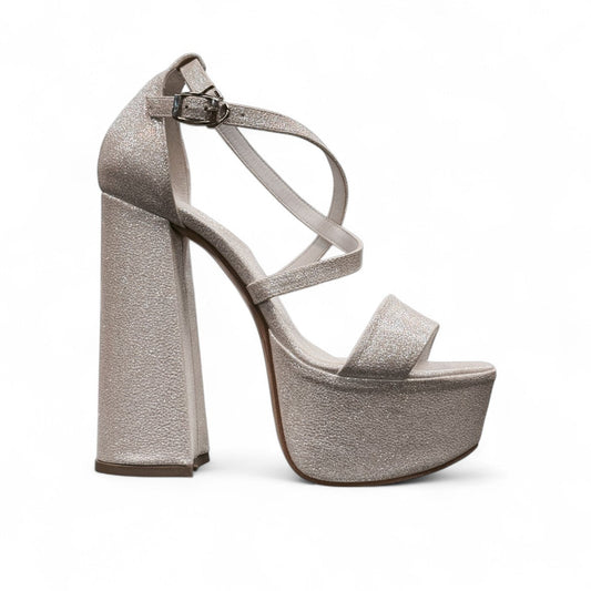 NIKPA LENA white glitter platform high heel sandal with ankle strap