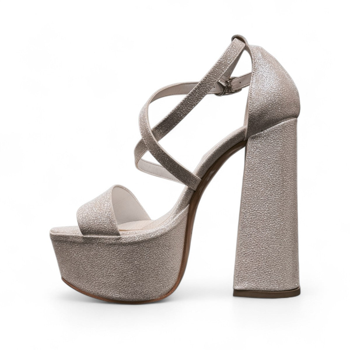 NIKPA LENA white glitter platform high heel sandal with ankle strap