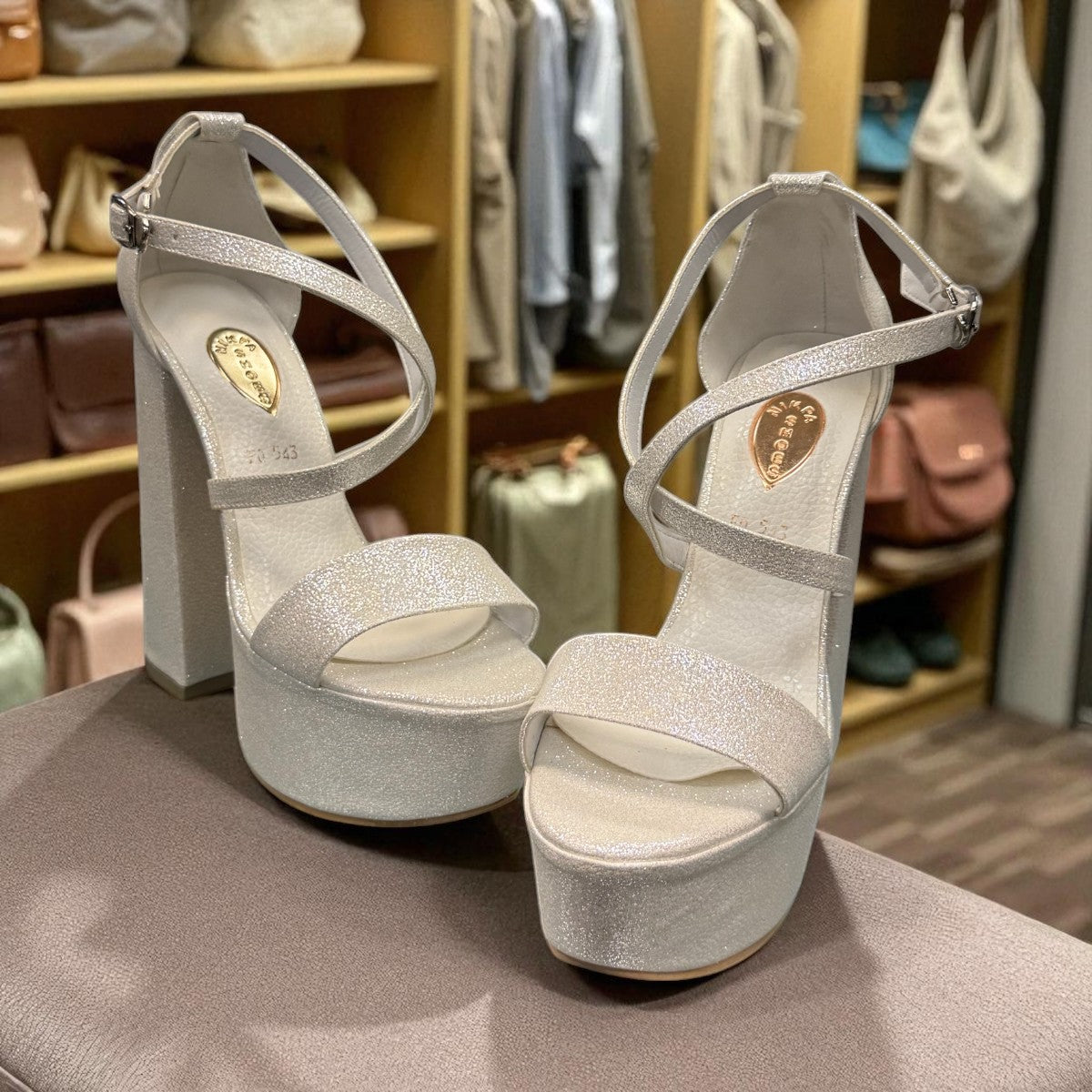 NIKPA LENA white glitter platform high heel sandal with ankle strap