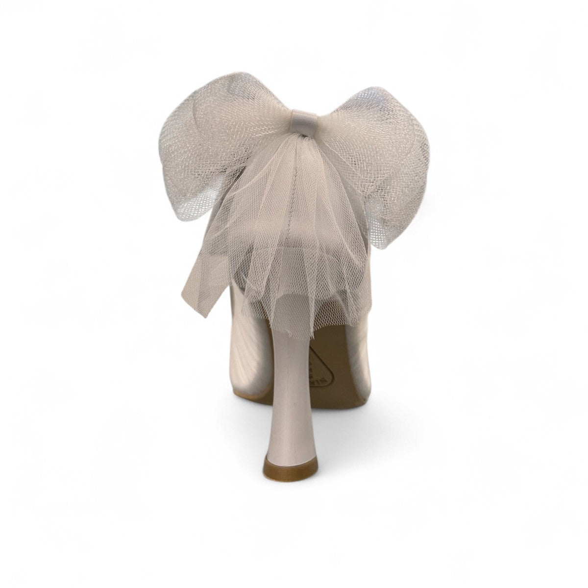 NIKPA PAPILLON white bridal high heels featuring a sheer mesh finish and elegant tulle bow detail