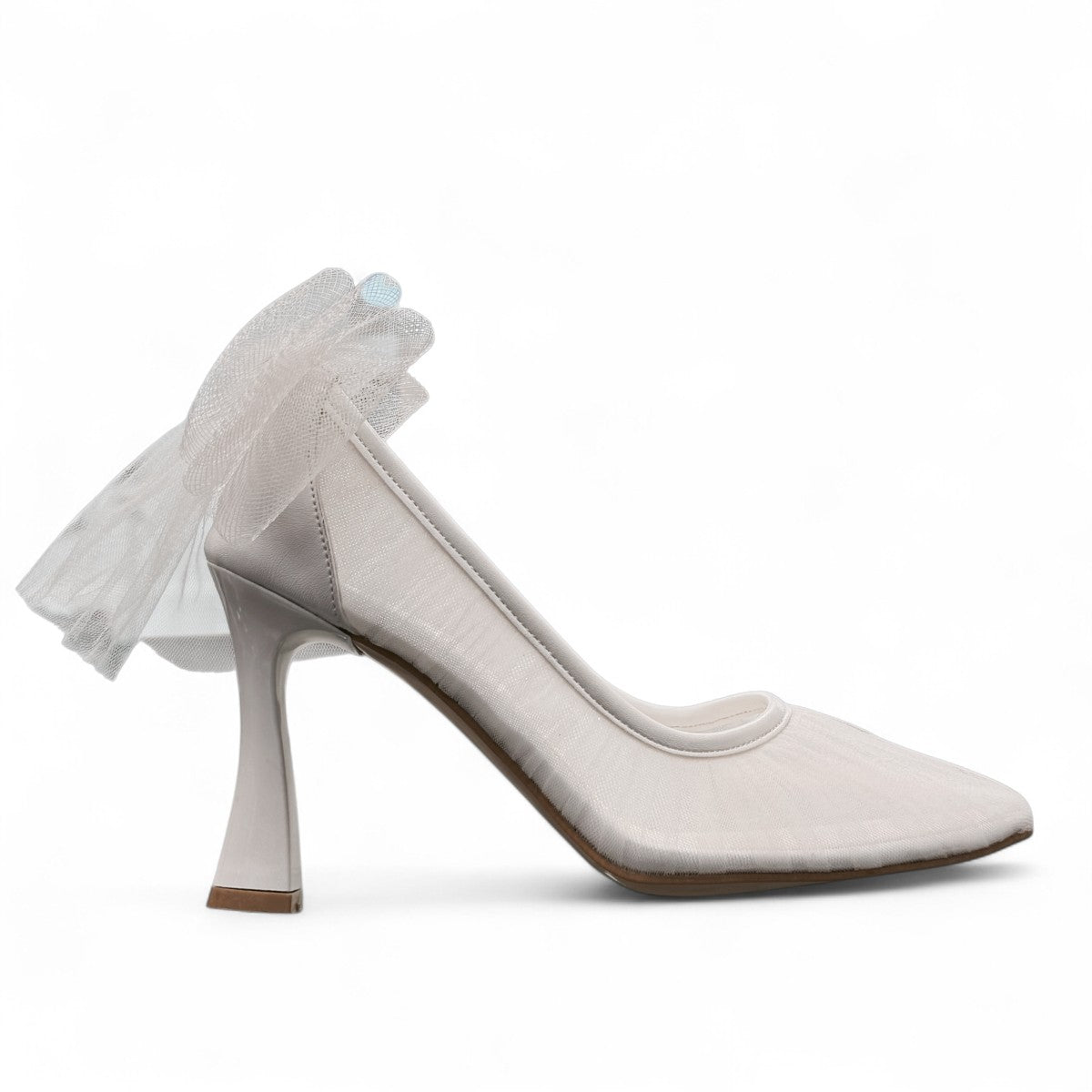 NIKPA PAPILLON white bridal high heels featuring a sheer mesh finish and elegant tulle bow detail
