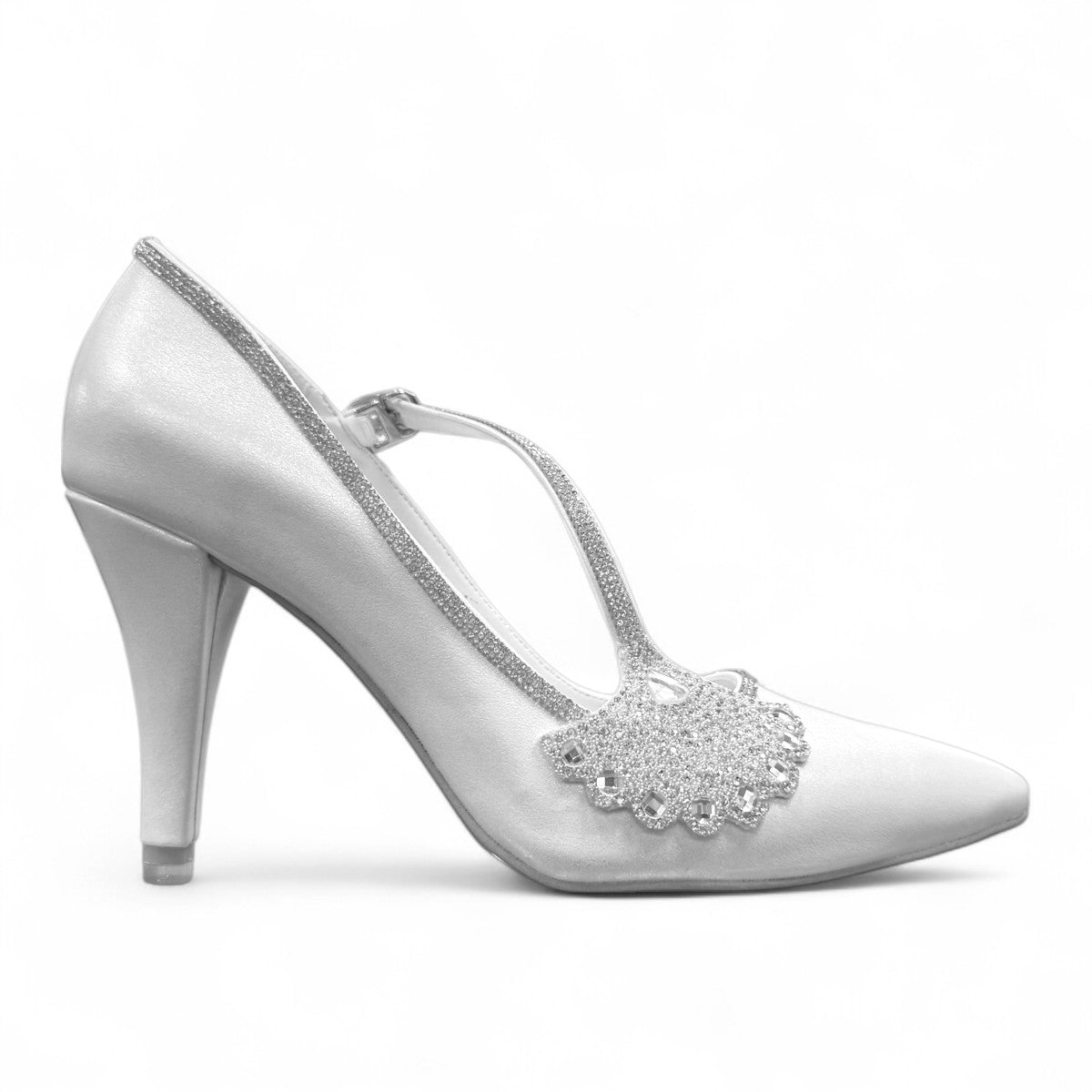 NIKPA PIKOK white satin high heel pump with t-strap and decorative crystal embellishment