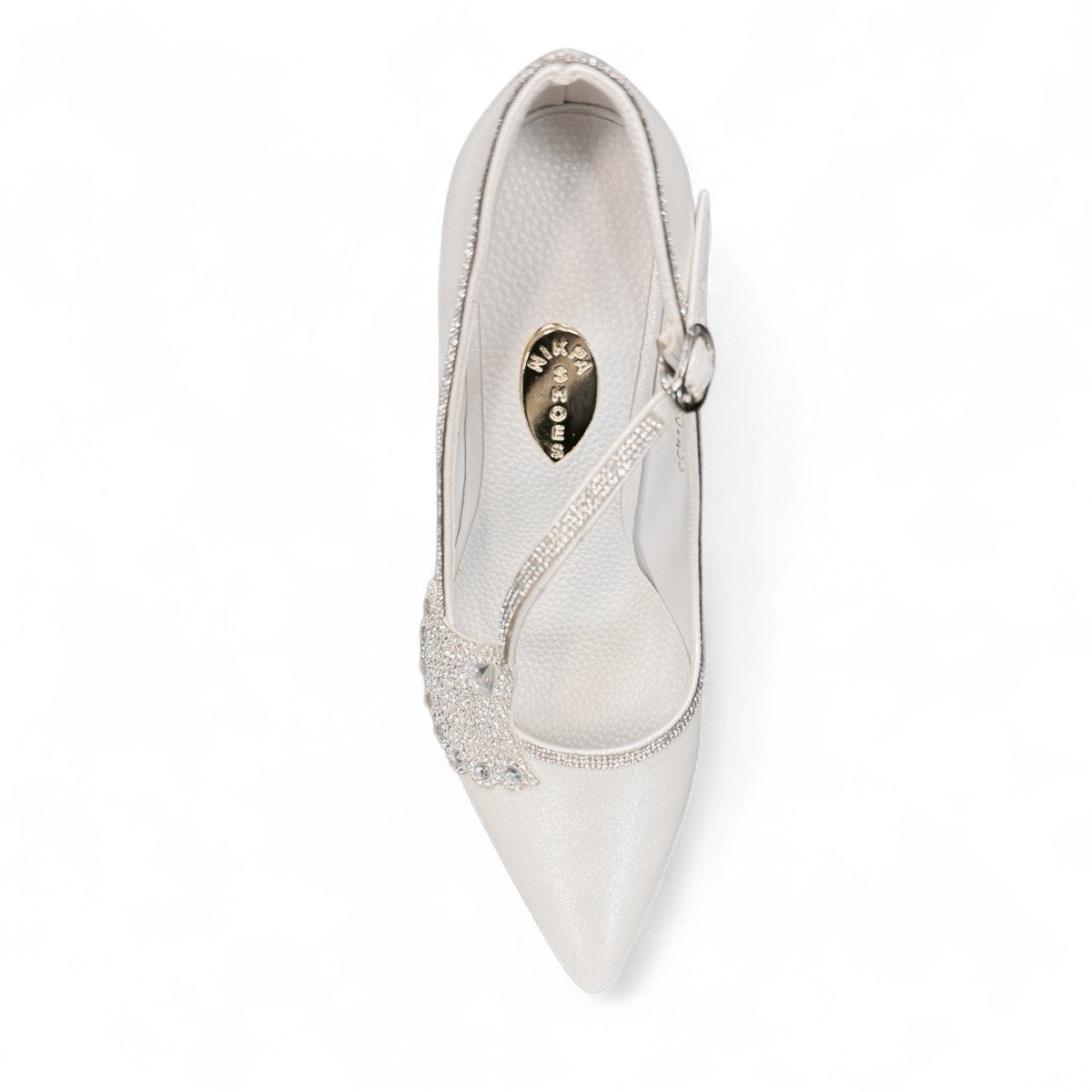 NIKPA PIKOK white satin high heel pump with t-strap and decorative crystal embellishment
