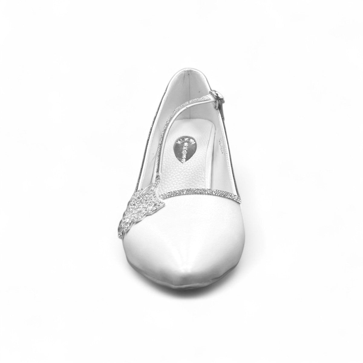 NIKPA PIKOK white satin high heel pump with t-strap and decorative crystal embellishment