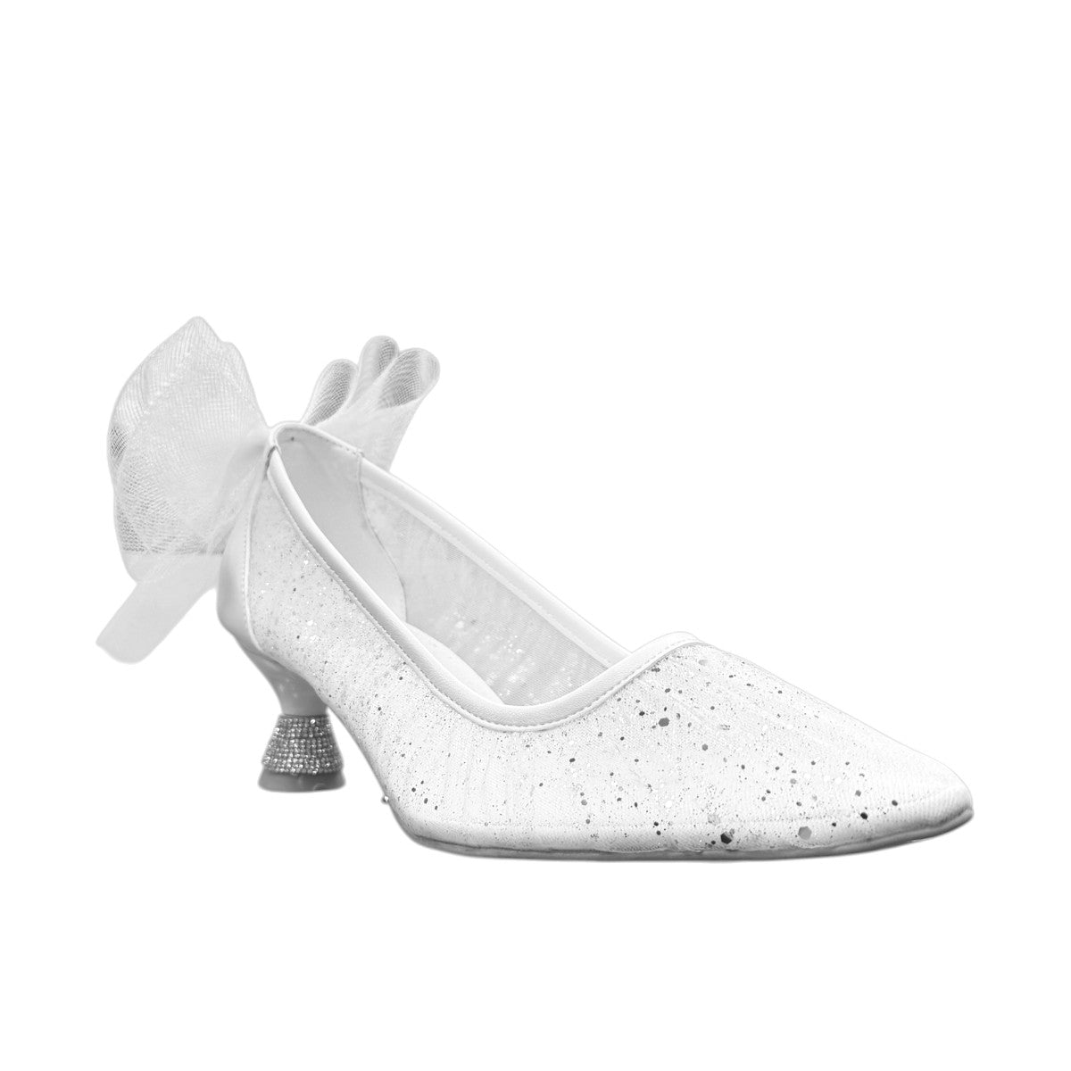 NIKPA SANA white bridal pump with glitter finish, pointed toe, and sheer tulle bow detail on the heel.