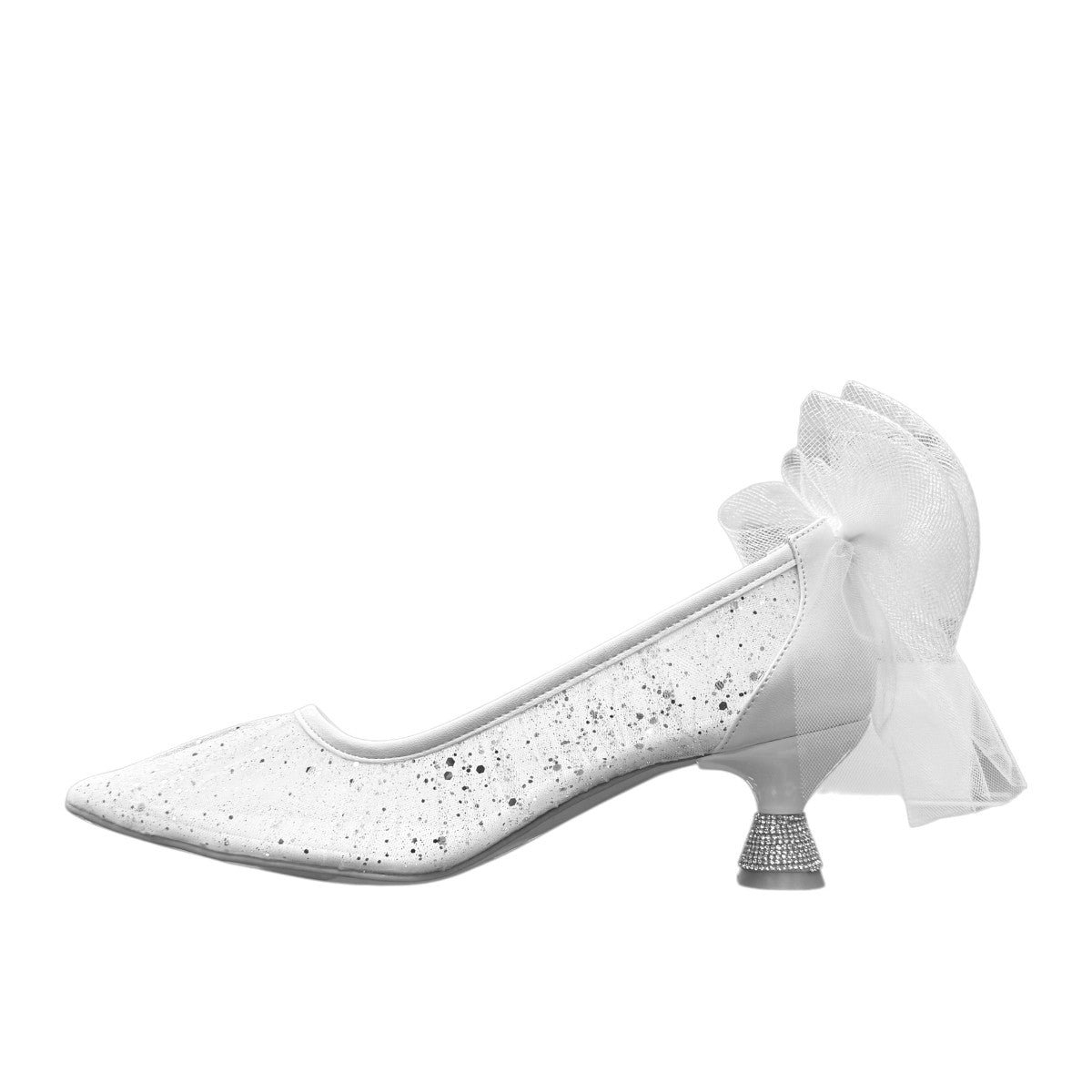 NIKPA SANA white bridal pump with glitter finish, pointed toe, and sheer tulle bow detail on the heel.