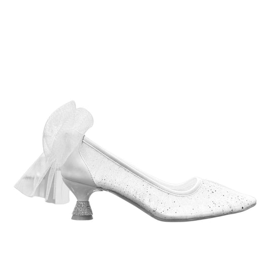 NIKPA SANA white bridal pump with glitter finish, pointed toe, and sheer tulle bow detail on the heel.