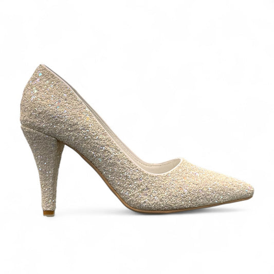 NIKPA SHIMA white glitter bridal stiletto heels with a pointed toe for party and wedding wear