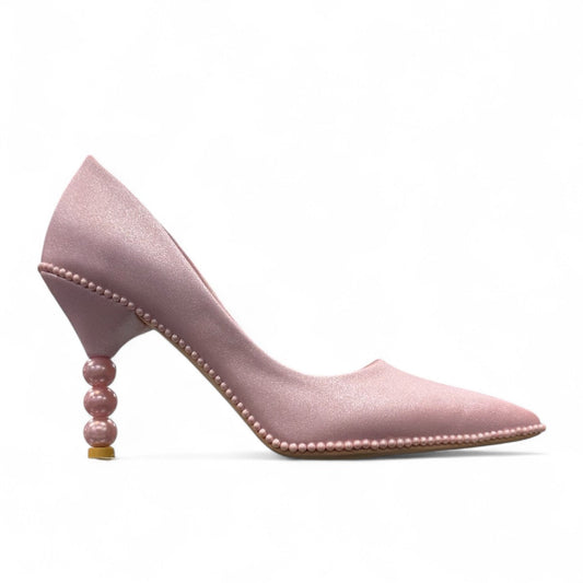 NIKPA WELT pink bridal party pump with a unique pearl-embellished heel and pointed toe design.