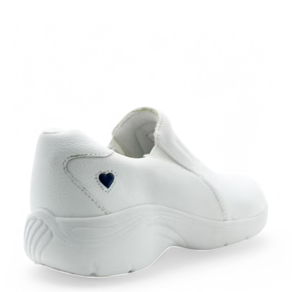 NURSE white leather Nurse Mates Dove slip-on nursing shoe with a heart detail and slip-resistant sole. Photo of back side view.