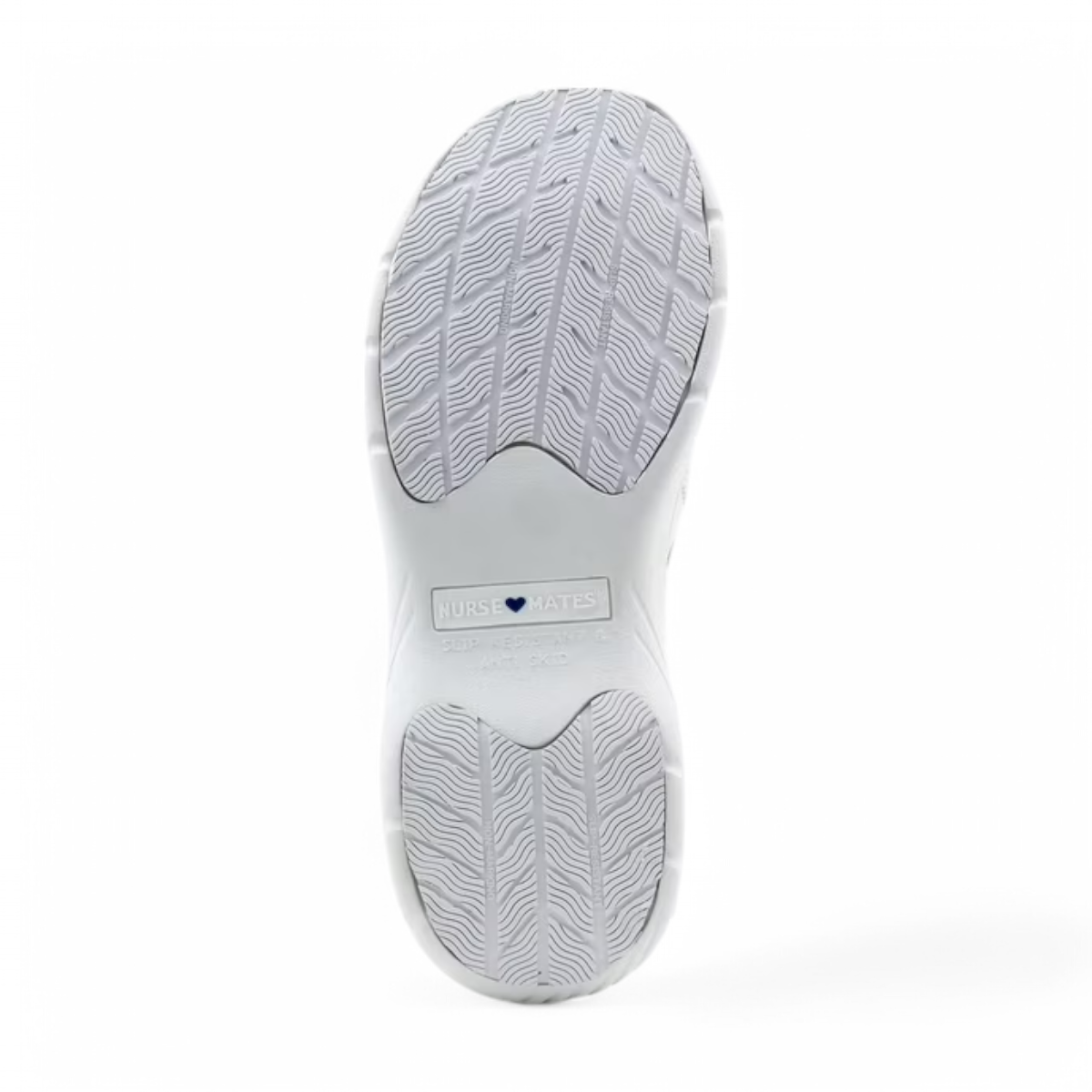 NURSE white leather Nurse Mates Dove slip-on nursing shoe with a heart detail and slip-resistant sole. Photo of bottom view.