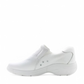 NURSE white leather Nurse Mates Dove slip-on nursing shoe with a heart detail and slip-resistant sole. Photo of left side view.