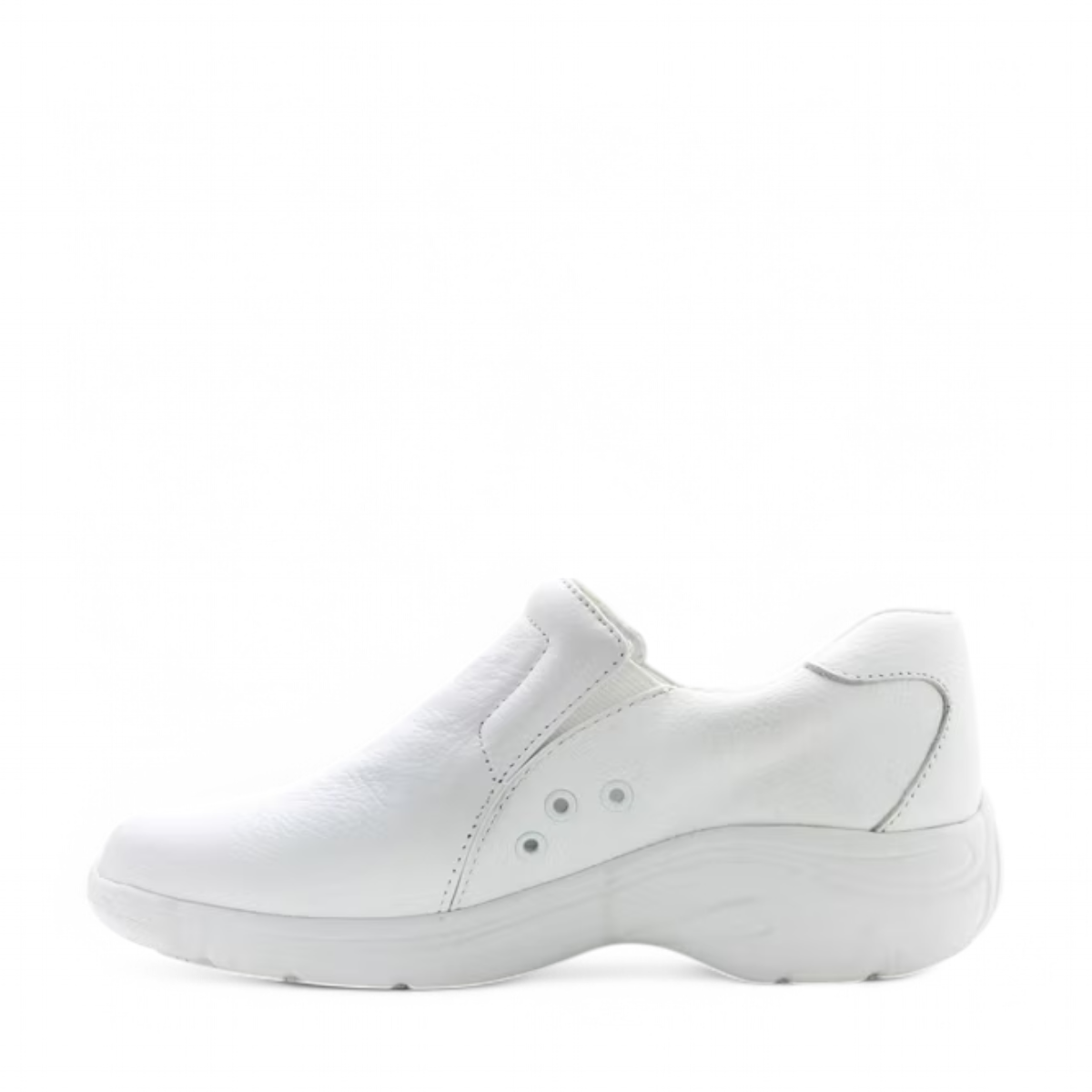 NURSE white leather Nurse Mates Dove slip-on nursing shoe with a heart detail and slip-resistant sole. Photo of left side view.