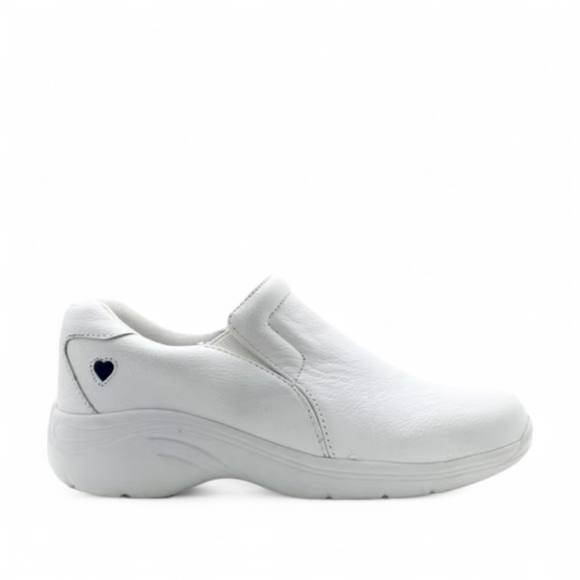 NURSE white leather Nurse Mates Dove slip-on nursing shoe with a heart detail and slip-resistant sole. Photo of right side view.