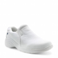 NURSE white leather Nurse Mates Dove slip-on nursing shoe with a heart detail and slip-resistant sole. Photo of front side view.