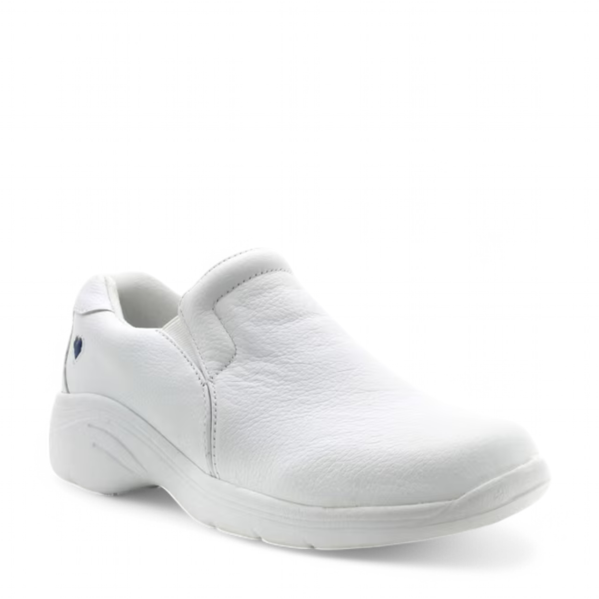 NURSE white leather Nurse Mates Dove slip-on nursing shoe with a heart detail and slip-resistant sole. Photo of front side view.