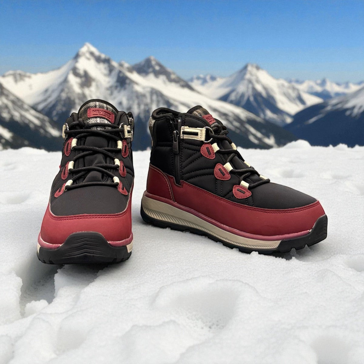 burgundy and black NexGrip Ice Wonder mid-cut waterproof winter boot with plaid collar detail. 
photo of the front side