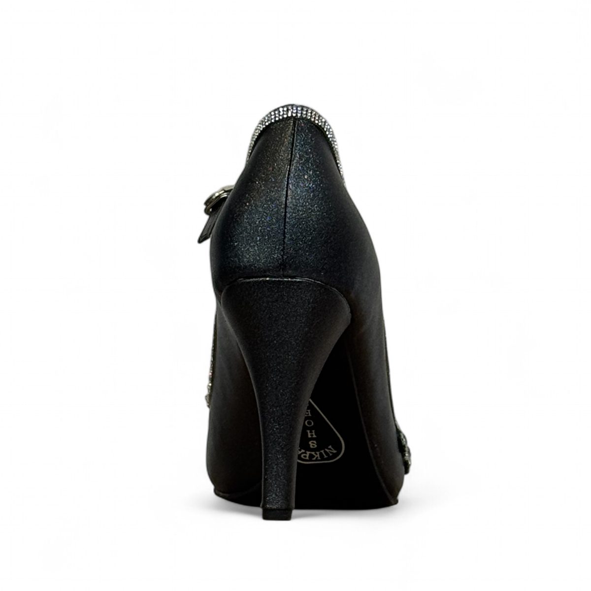 Nikpa Pikok black stiletto heel with a pointed toe and decorative crystal embellishment