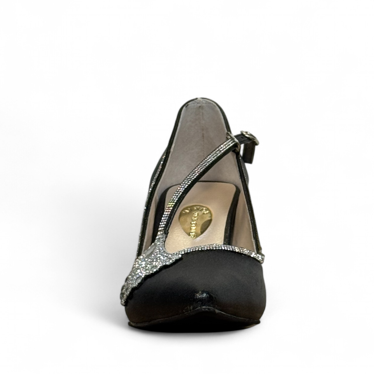 Nikpa Pikok black stiletto heel with a pointed toe and decorative crystal embellishment