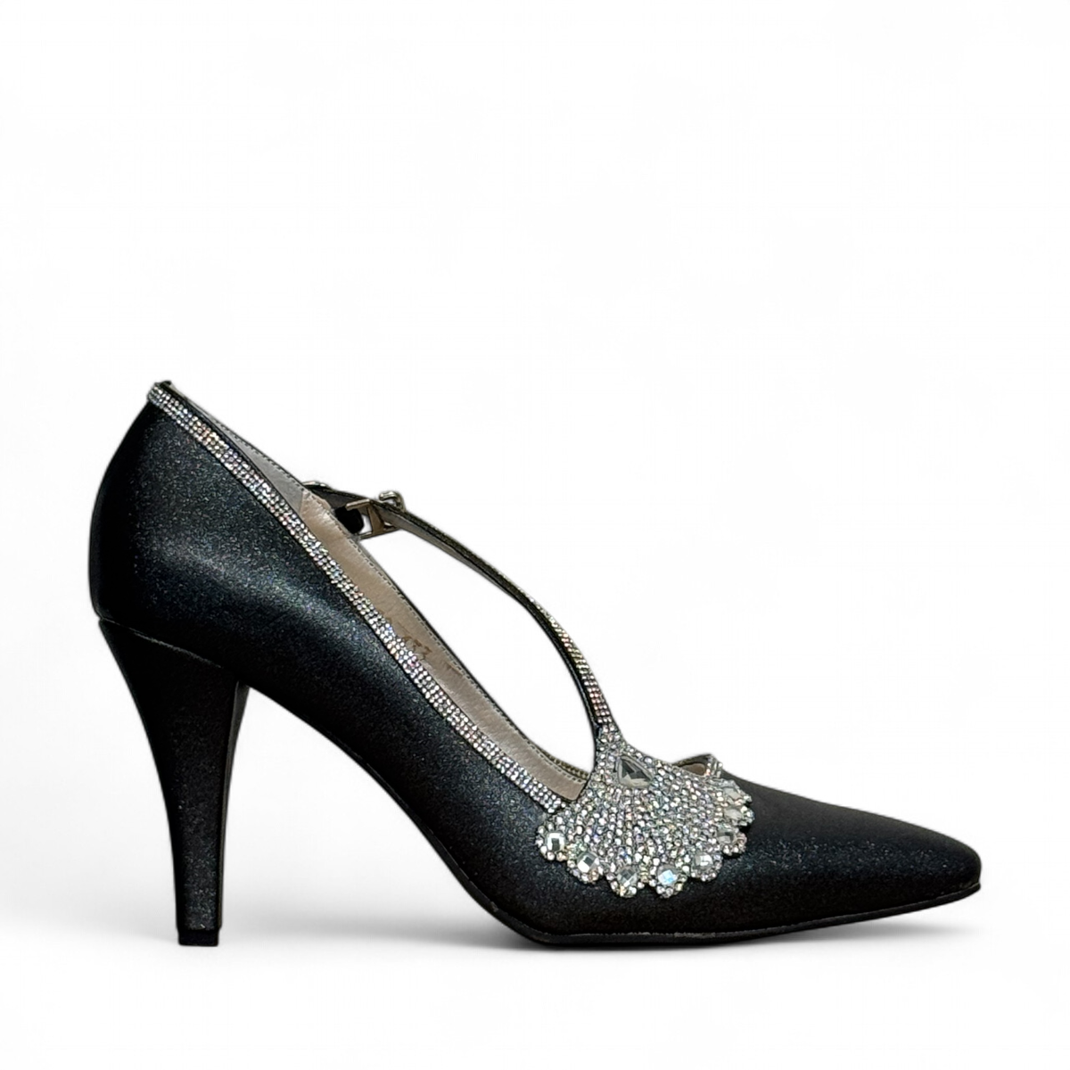 Nikpa Pikok black stiletto heel with a pointed toe and decorative crystal embellishment
