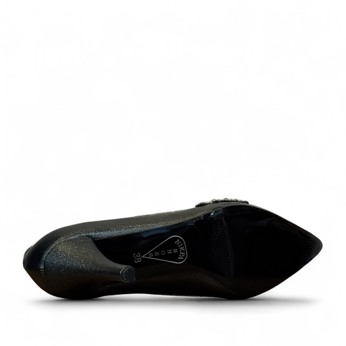 Nikpa Pikok black stiletto heel with a pointed toe and decorative crystal embellishment