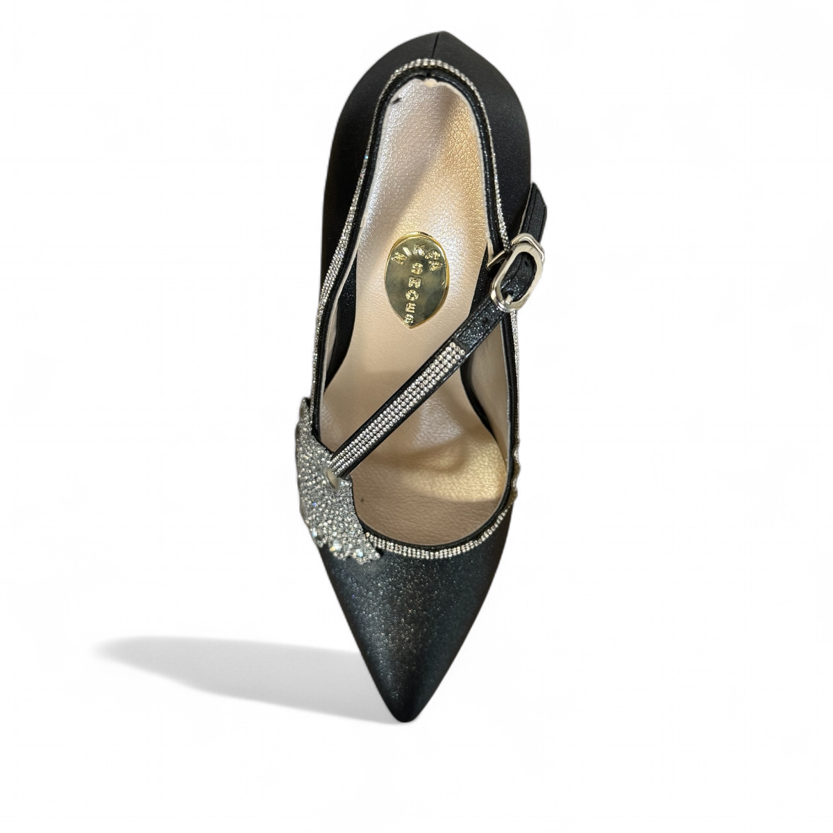 Nikpa Pikok black stiletto heel with a pointed toe and decorative crystal embellishment