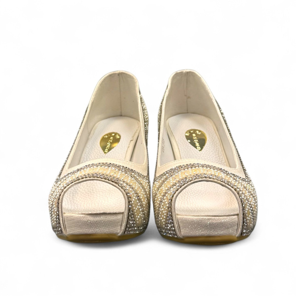 Nikpa Saba white and gold bridal peep-toe pump with pearl and rhinestone embellishments