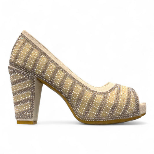Nikpa Saba white and gold bridal peep-toe pump with pearl and rhinestone embellishments