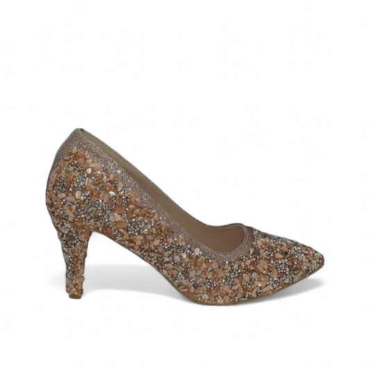 Nikpa Seaside gold synthetic handmade women's pump with textured stone-like embellishments