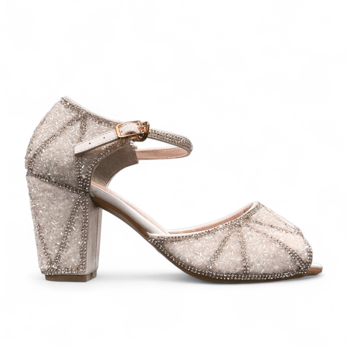 Nikpa lalala white synthetic bridal heels with intricate rhinestone detailing and an ankle strap in a ballroom